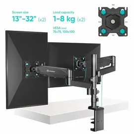 ONKRON Tischhalterung für 2 Monitore 13-32 bis 8 kg VESA 75x75/100x100, Schwarz G140