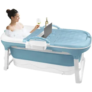 UISEBRT Faltbare Badewanne Erwachsene L, Foldable Bathtub 118 x 62 x 53 cm, Tragbare Klappbadewanne mit abnehmbare Abdeckung, Seifenkorb, Massagerollen, Idea für kleines Badezimmer, Blau