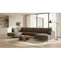 OTTO home Wohnlandschaft XXL Sofa Oland, Struktur, Flachgewebe, Luxus-Microfaser, Boucle, U-Form, 345 cm, Wellenunterfederung, Skandi-Design, Metallfüße braun