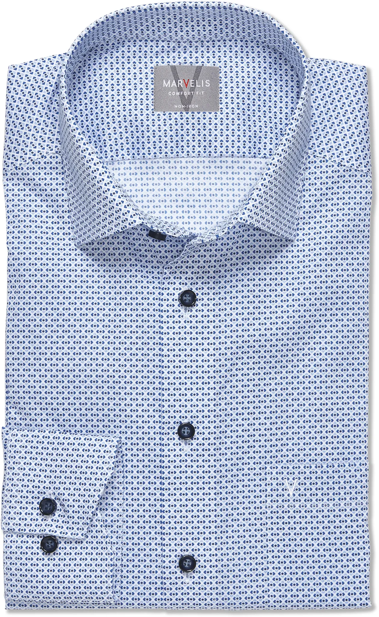 Langarmhemd MARVELIS, Herren, Gr. 43, N-Gr, blau (bleu), Web, Obermaterial: 100% Baumwolle, gemustert, comfort fit hüftbedeckend, Rundhals, 2-Knopf-Manschette, Hemden, mit Minimal-Print