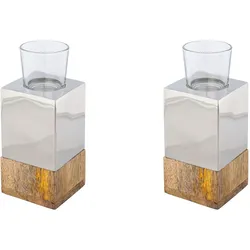 Teelichthalter CREATIV HOME "Kerzenhalter Tower", silber (silberfarben), B:8cm H:18cm T:8cm, Holz, Edelstahl, Glas, Kerzenhalter, aus Holz, Edelstahl und Glas