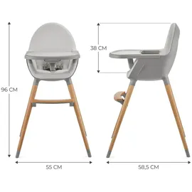 Kinderkraft Hochstuhl FINI2 2 in 1, Kinderhochstuhl, Babystuhl, Kombihochstuhl, Beine aus Holz, Sicherheitsgurte, Fußstütze, Doppeltablett, ab 6 Monate bis 5 Jahre, 5 Punkt Gurte, Grau