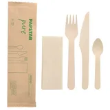 Papstar Bestecksets Holz "pure" : Messer, Gabel, Kaffeelöffel, Serviette in Papierbeutel