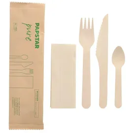 Papstar Bestecksets Holz "pure" : Messer, Gabel, Kaffeelöffel, Serviette in Papierbeutel