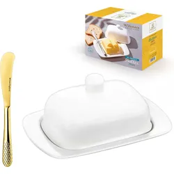 Wilmax Butterdose Weiß mit goldenem Messer – Porzellan-Butterschale