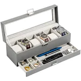LuxusKollektion Uhrenbox Uhrenbox 6 Fächer Glasdeckel 2 Ebenen Uhrenkissen Schmuck 6-Slot Grau grau