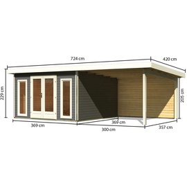 Karibu Gartenhaus Radeburg 3 inkl. 3,30m Schleppdach und Rückwand - 40mm-369 x 369 cm- terragrau mit Anbaudach 3,3 m (B x T)