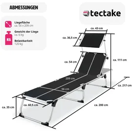 Tectake Aurelie Sonnenliege 198 x 60,5 x 111 cm schwarz inkl. Sonnendach klappbar