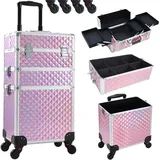 BAKAJI 3-in-1 Professioneller Kosmetikkoffer mit Oleographie-Muster in Dreiecksform, tragbar, Kosmetikkoffer mit abnehmbaren Rädern, Reise-Organizer, Rosa, Modern