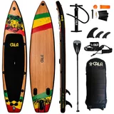 CALA SUP-Board IKATERE, robustes SUP- Board aufblasbar, (Komplett-Set, SUP BOARD inkl. Board Bag, Pumpe, Vollcarbon-Paddeh, Leash, Finnen), 2 Gepäcknetze, D-Ringe für einen Kajakistz, Komplett-Set braun|bunt