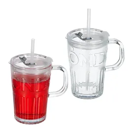 Relaxdays Trinkgläser 2er Set, Getränkebecher mit Deckel & Strohhalm, Limobecher 450 ml, Glasbecher Henkel, transparent