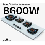 Klarstein Goldflame 4 Slim Gaskochfeld, 4 Messingbrenner, 3,4kW, 2,4kW, 1,8kW, 1kW, SnapJet-Zündung, Flammenausfallschutz, Flüssig- & Erdgas, Weiß,