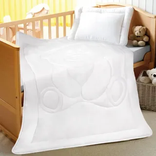 BestLivings Kinderbetten-Set 2-teilig 100x135/40x60cm Kopfkissen + Kinderdecke mit Bärchen-Steppung - Weiß