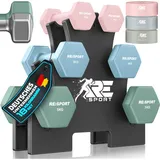 RE:SPORT® Hantel-Set 18 kg mit 2×1 kg, 2×3kg und 2×5 kg inkl. Ständer & 3x Fitnessbänder | Rutschfeste Neopren Kurzhanteln für Damen & Herre...
