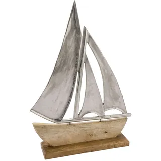 Spetebo Alu Schiff mit Standfuß aus Mangoholz - 40 cm / groß - Aufsteller Segelboot aus Metall und Holz - Maritime Küsten Deko Segelschiff Skulptur Tisch Figur Boot Schiff