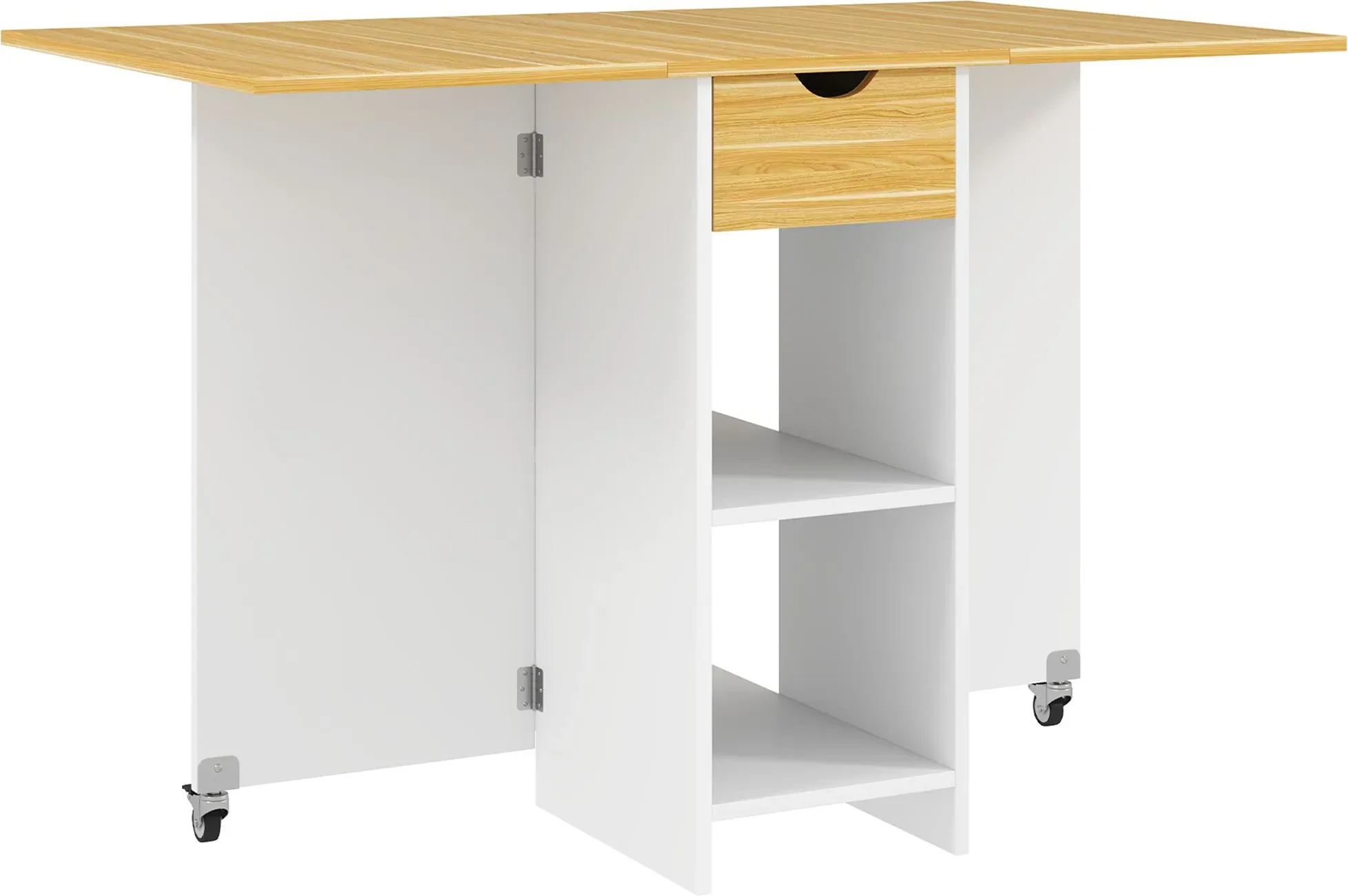 HOMCOM Klappbarer Esstisch, Klapptisch für 2-4 Personen, Moderner Platzsparender Küchentisch mit Schublade, 2 Regale und 2 Rollen, aus Holz, 114,5x70x75 cm, Eiche   Aosom