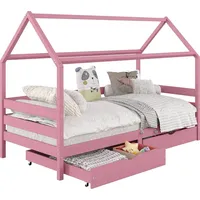 Idimex Hausbett CLIA Montessori aus massiver Kiefer, Kinderbett mit Dach, Tipi Bett mit 2 Schubladen in rosa