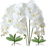 FagusHome 4 Stück künstliche Phalaenopsis Orchideen Blumen Weiß 80CM mit Künstliche Orchidee Blätter 2 Bündeln für Deko (Weiß)