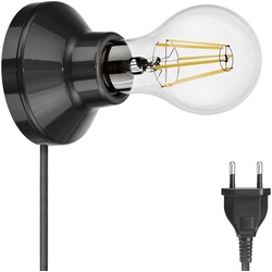 ledscom.de E27 Porzellan Lampen-Fassung Elektra, rund mit Stecker und Schalter schwarz 90mm inkl. Leuchtmittel 1600lm warmweiß
