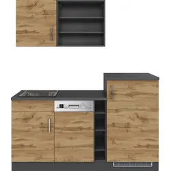 Küche KOCHSTATION "KS-Mali", braun (küche: wotaneiche, graphit, wotaneiche, front: wotaneiche, korpus: graphit, arbeitsplatte: wotaneiche), B:170cm H:200cm T:60cm, Komplettküchen-Sets, Breite 170 cm, mit E-Geräten