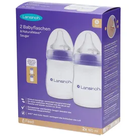 Lansinoh Babyflaschen mit NaturalWave Sauger Gr. S, 160 ml - Doppelpack - neues kompaktes Design für verbesserte Stabilität - mit stapelbarem Deckel