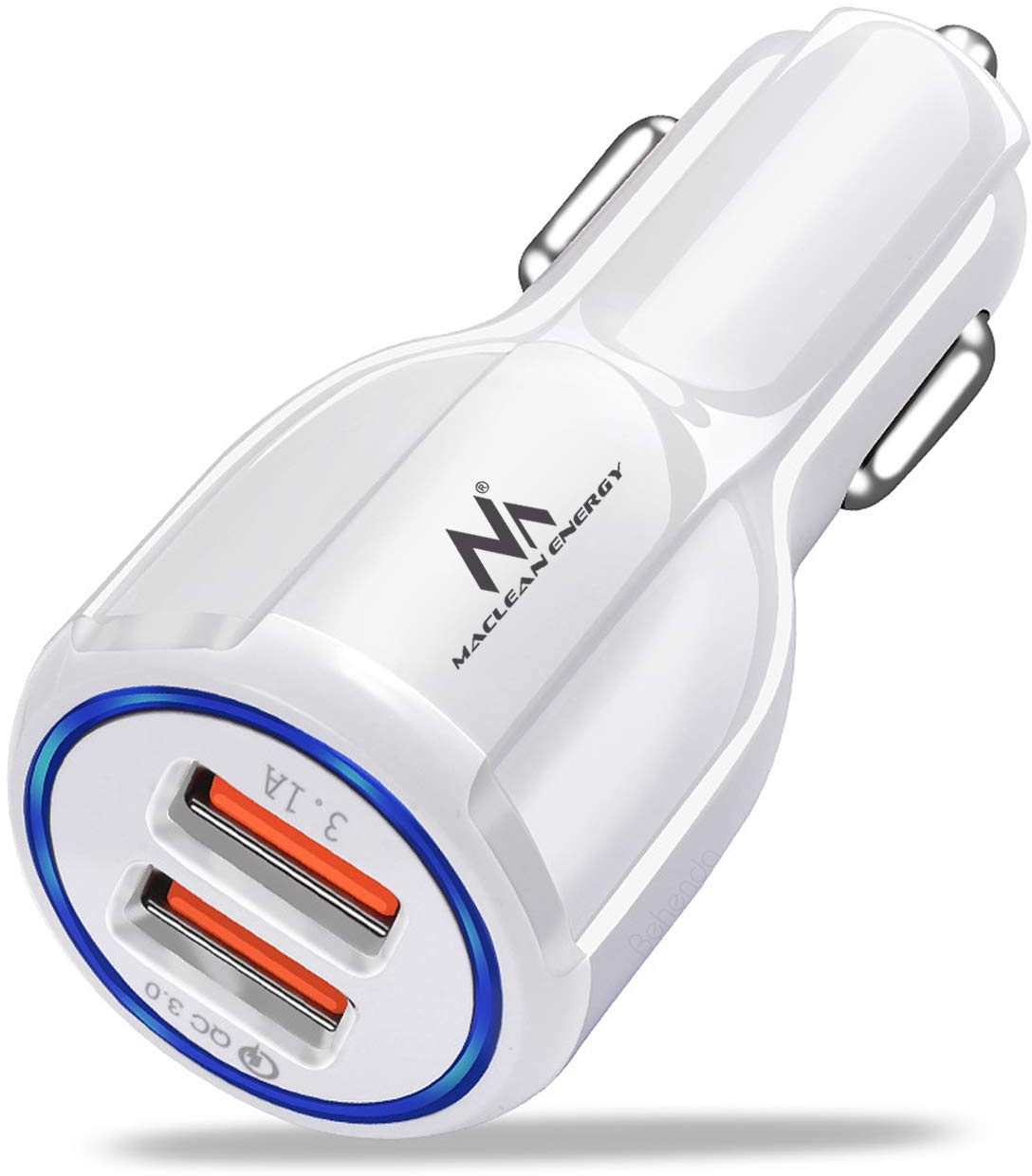 Maclean MCE478 2-Fach KFZ USB Ladegerät 12-24V Zigarettenanzünder Quick Charge 3.0 Schnellladung KFZ 1xQC3.0 5V/3A, 9V/1.8A, 12V/1.6A 1x 5V/3.1A Auto-Handyladegerät Autoladegerät (Weiß)