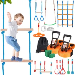 VEVOR Ninja Slackline Hindernisse Set 2 x 15,24 m Slacklines, 226,8 kg Tragkraft Ninja Hinderniskurs, Outdoor-Spielset-Ausrüstung, Hinterhofspielzeug-Trainingsausrüstungsset mit 12 Hindernissen