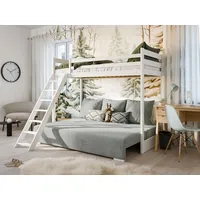 Kids Collective Hochbett 90x200 cm weiß mit Leiter und Schlafcouch 140x200 cm Couch in Cord-Stoff salbeifarben grün-blau Oeko-TEX 100 mit 3 Kissen, Kinderbett Stockbett 90x200 cm von 4. bis 18. Lebensjahr