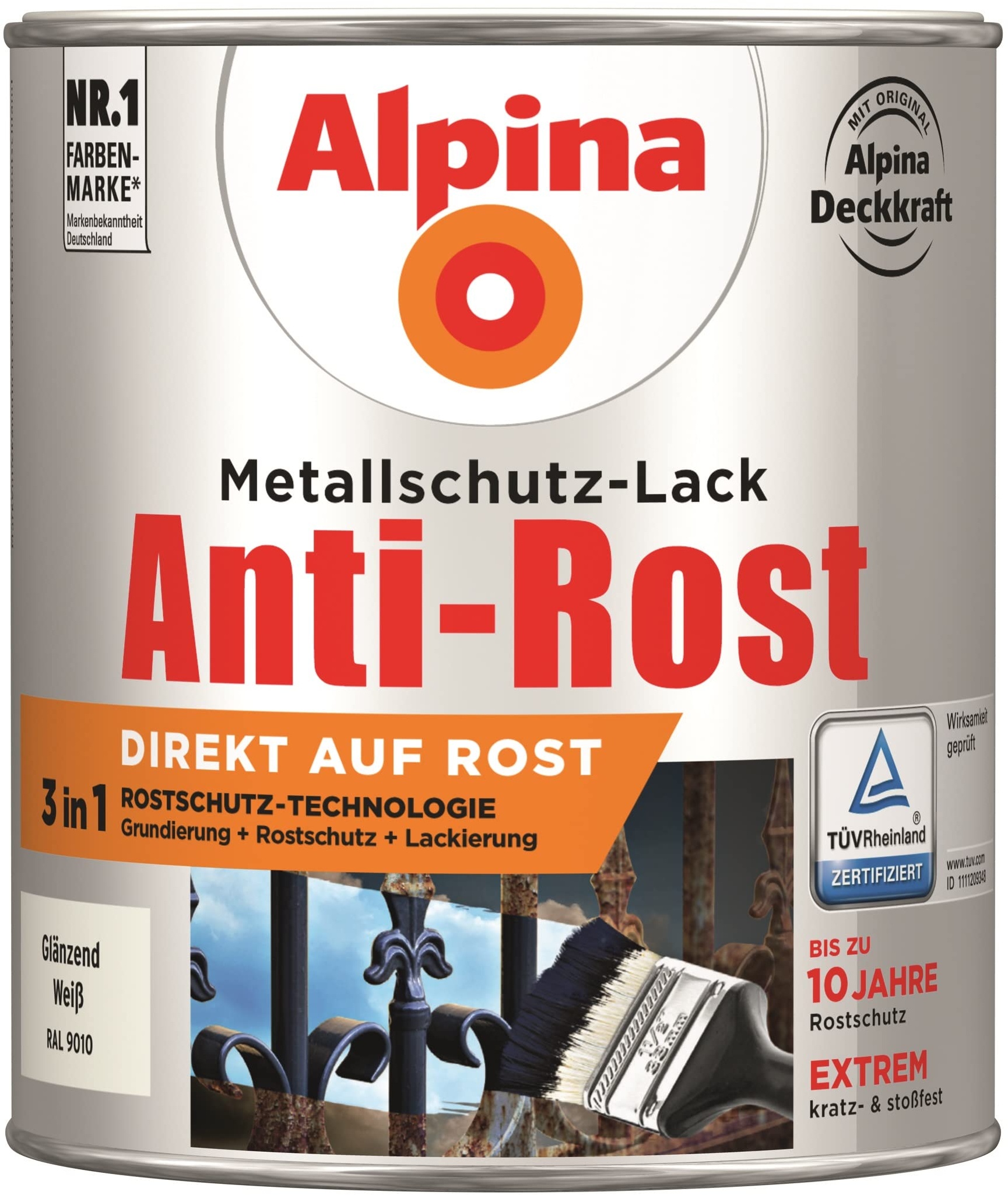 Alpina Metallschutzlack Anti-Rost Weiß 750ml glänzend