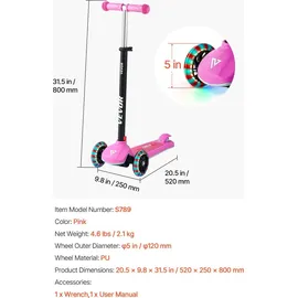 Vevor Scooter (3 Räder) ab 3 Jahren, Cityroller Kinderroller mit leuchtenden Rädern & höhenverstellbarem Lenker & rutschfestem Deck & leichtem Aluminiumrahmen, Tretroller bis zu 75 kg, Pink