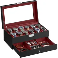 Songmics Uhrenbox, mit 12 Fächern und Glasdeckel, PU-Bezug in Schwarz, Innenfutter in Weinrot