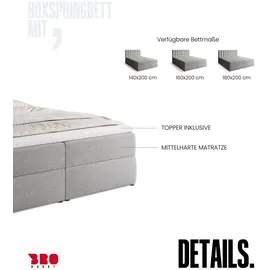 bromarkt Boxspringbett mit 2 Bettkasten, Bonell-Matratze, Polsterbett, Bett Hellgrau Malmo 90, 160 x 200 cm) - Grau