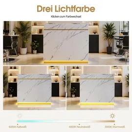 Barberpub Empfangstheke mit 3 Schubladen & 1 Schrank, Empfangstisch mit Beleuchtung, Abschließbar, Rezeptionstheke Kassentheke, R9759(Weiß-Gold) - Weiß/Gold