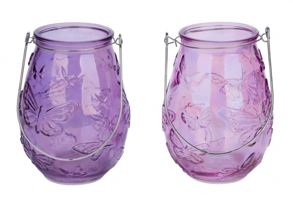 NEU 2er Set Glaswindlicht mit Henkel, Schmetterlingsmotiv, rosa, 12,5 x 12,5 x 16,5 cm, handgefertigt, *Germany*
