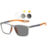 KOOSUFA Selbsttönende Lesebrille Blaulichtfilter Photochrome Herren Damen Federscharnier Rechteckiger Ultraleicht TR90 Rahmen mit UV-Schutz Sonnenlesebrille Lesehilfe Grau Orange, 2.0 - 2.0