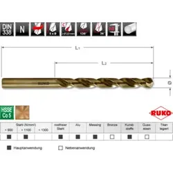 RUKO Spiralbohrer DIN 338 Typ N HSS Co 5 geschliffen, mit Kreuzanschliff Ø 3,5 x 70 x 39 mm