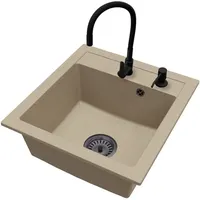 Spüle Granit Beige Big DON Armatur FLEX Schwarzer Siphon