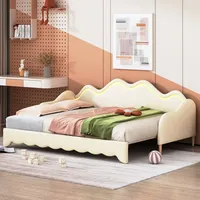 Flieks Kinderbett Schlafsofa 90x190cm/180x190cm, Polsterbett mit Ausziehbett, Sofabett Einzelbett Doppelbett Gästebett, PU, Beige - Beige