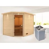 Karibu Sauna Lotta mit 9 kW Ofen integr. Strg und Dachkranz 38 mm