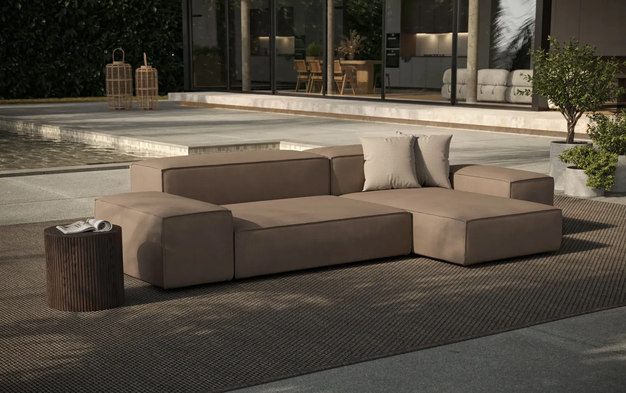 Ecksofa DESIGNWERK "Puzzle, Designsofa für Indoor und Outdoor, bequem, modular" Sofas Gr. B/H/T: 315cm x 64cm x 180cm, Flachgewebe, Outdoor-geeignet, wasserabweisend, grau (elephant) wasserabweisend und strapazierfähig