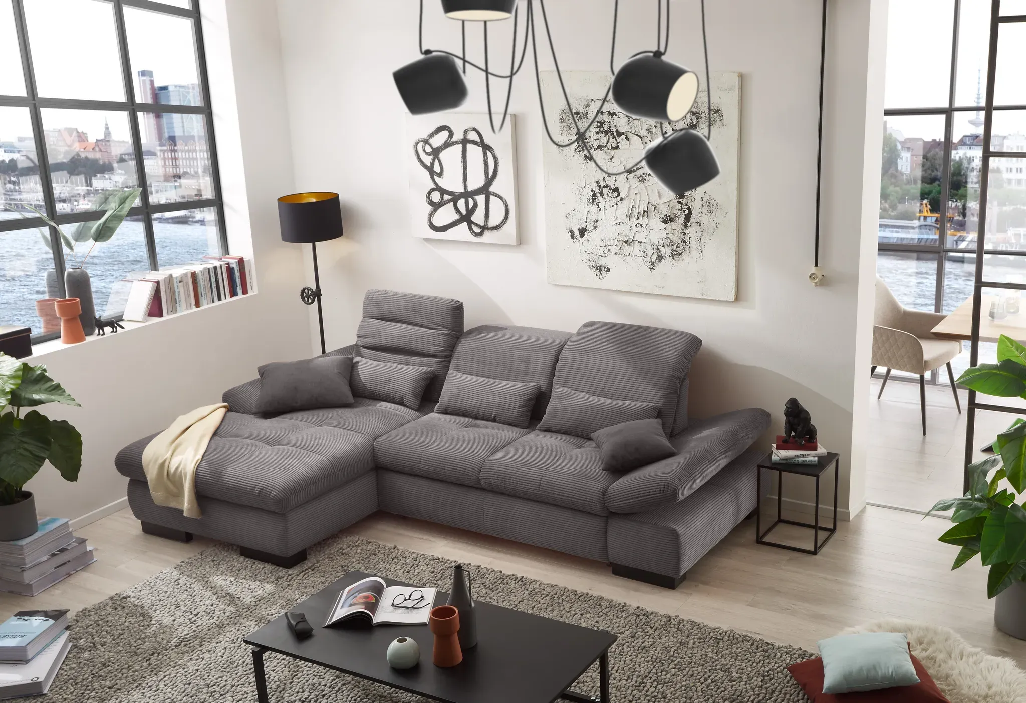 Ecksofa SET ONE BY MUSTERRING "SO4100 V" Sofas Gr. B/H/T: 284cm x 80cm x 190cm, Breitcord, Recamiere links, mit Kopfteilverstellung-mit Schwenkrücken-mit Armteilverstellung-mit Nierenkissen-Federkern-mit Nierenkissen-Federkern-Federkern-Wellenunterfederung, grau mit verstellbaren Kopfteilen, wahlweise Funktionen, Cord-Bezug