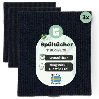 Grünschloss Spültücher schwarz waschbar (3X) schwedische Spüllappen Baumwolle & Holz-Zellstoff - saugstarke Schwammtücher für Geschirr, Haushalt & Küche Lappen Black Dish Cloths