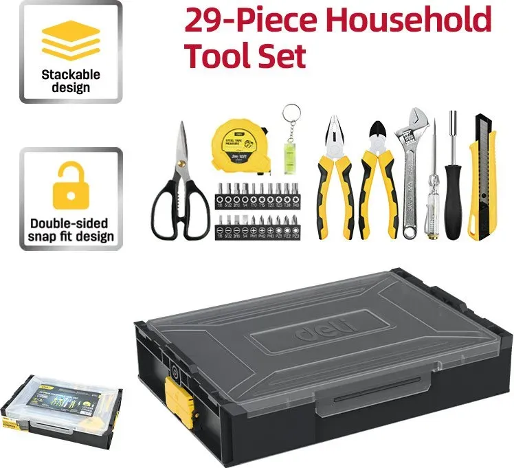 deli Stapelbares 29-teiliges Haushalts-Werkzeug-Set, modulares Werkzeugbox-System & ausgewähltes, essentielles Werkzeugset