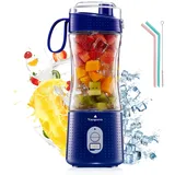 Mixer Smoothie Maker to go 380ml,Vaeqozva Tragbarer Mixer Smoothie Blender Portable Mini Mixer to go für Shake Smoothie,Wiederaufladbarem Portable Blender mit Silikon-Tragegriff für Reisen,Dunkelblau