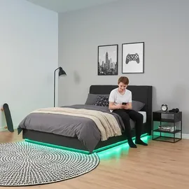 [en.casa] LED Polsterbett 'Tröstiar' mit Bettkasten Leinen 140 x 200 cm Schwarz - Schwarz