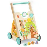 Navaris Lauflernwagen Baby Activity Wagen - Holz Lauflernhilfe mit Spielelementen - Spielwagen Laufwagen Holzspielzeug ab 18 Monaten - beige bunt Wald Design