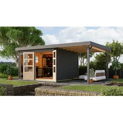 Gartenhaus KARIBU "Langesee 6 mit Anbaudach", grau (terragrau), ohne Fußboden, ohne Rück- und Seitenwand, ohne Dacheindeckung, Holz, Gartenhäuser, aus hochwertiger nordischer Fichte mit wasserabweisender Profilierung