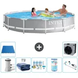 Intex Round Prism Frame Swimming Pool – 366 x 76 cm – Grau – inklusive Pumpe Sonnensegel - Wartungspaket - Filter - Staubsauger - Bodenfliese...