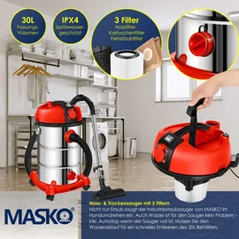 Masko MASKO® Industriestaubsauger Staubsauger Nass Trocken Sauger Edelstahl 2300W + Steckdose Blasfunktion Trocken-Saugen | Nass-Saugen Push&Clean Industrie-Sauger mit | ohne Beutel beutellos