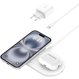 Belkin BoostCharge Pro kabellose 2-in-1-Ladestation mit Qi2, 15W, Schnellladegerät, Wireless Charger für iPhone 17, Air, 16, Pixelsnap, AirPods und MagSafe-fähigen Geräten – Weiß